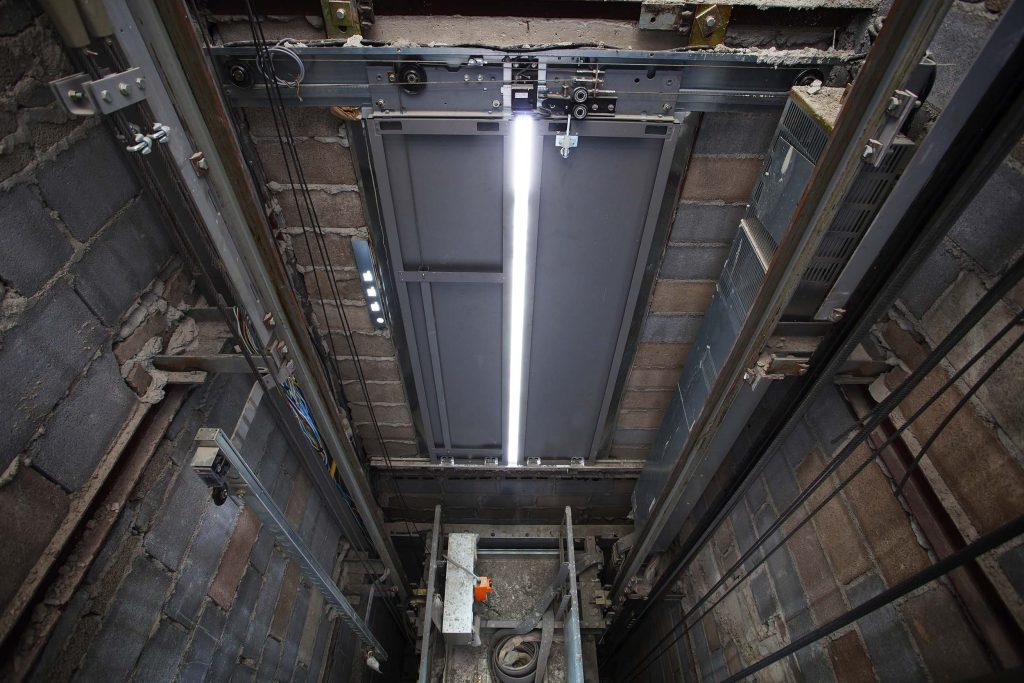 inside of roping Elevator, Lift box builting in high building show strong structure